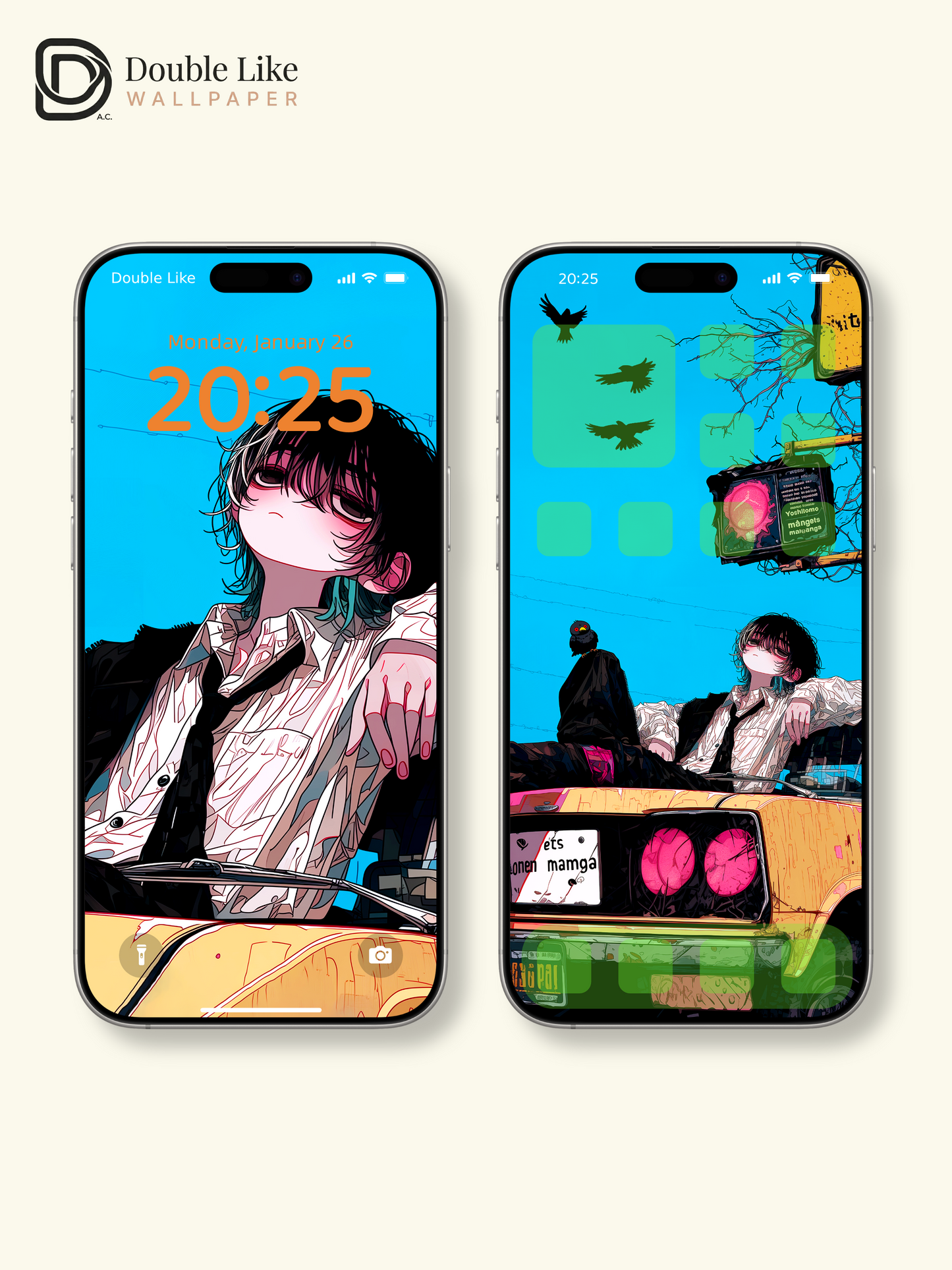 Retro Anime Boy Yellow Car Cyan Sky Urban Grunge Aesthetic Wallpaper Pack [#HW1514]