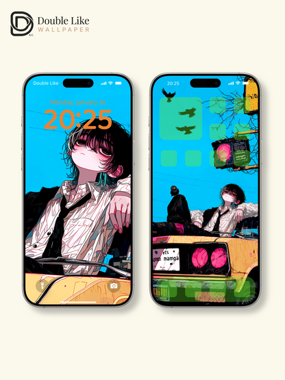 Retro Anime Boy Yellow Car Cyan Sky Urban Grunge Aesthetic Wallpaper Pack [#HW1514]