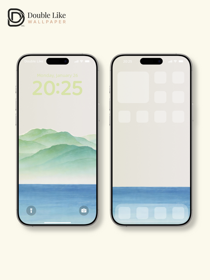 Watercolor Green Layered Mountains & Blue Sea Minimal Calming Fresh Aesthetic Landscape Wallpaper Pack [#LFHL30413]