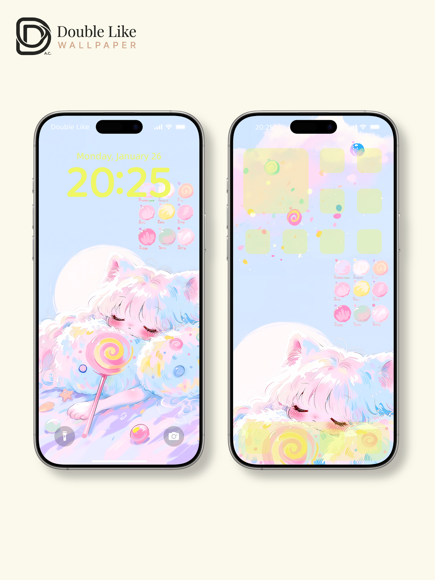 Cute Sleeping Pastel Cat Girl Candy Cloud Kawaii Aesthetic Wallpaper Pack [#HW1500]