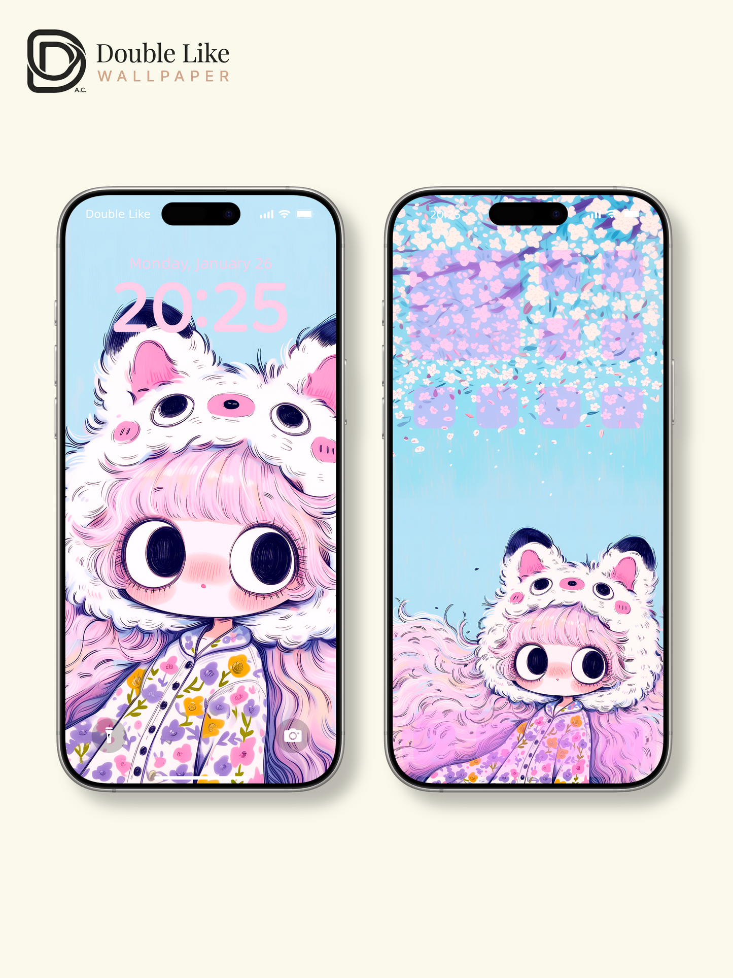 Kawaii Anime Girl Fluffy Animal Hat Sakura Floral Wallpaper [#HW1480]