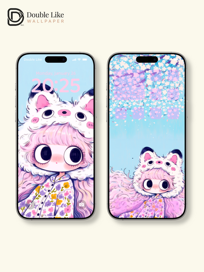 Kawaii Anime Girl Fluffy Animal Hat Sakura Floral Wallpaper [#HW1480]