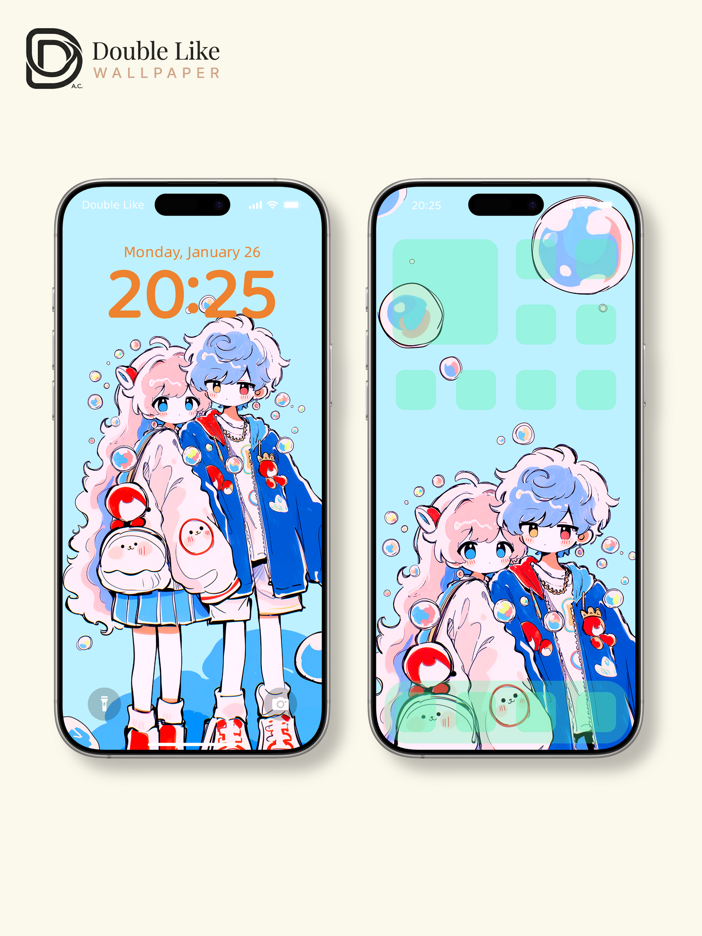 Cute Anime Couple Pastel Bubbles Romantic Kawaii Aesthetic Wallpaper Pack [#HW1516]