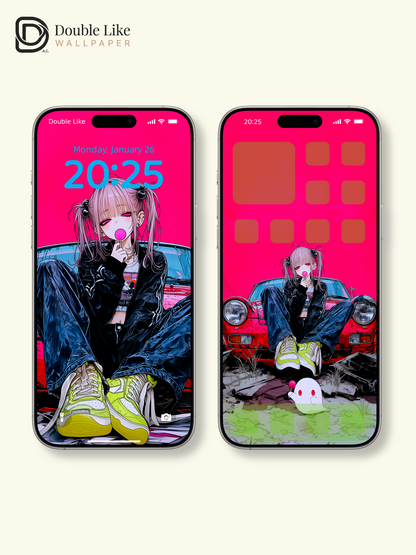 Retro Anime Girl Sports Car Cyberpunk Magenta Aesthetic Wallpaper Pack [#HW1513]