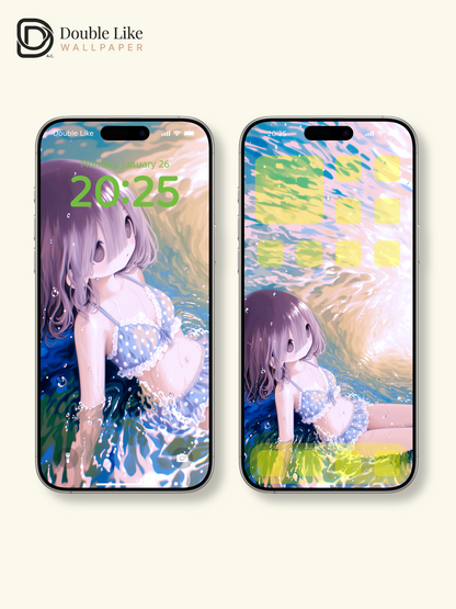 Cute Anime Girl Summer Ocean Water Waves Kawaii Aesthetic Wallpaper [#HW1468]