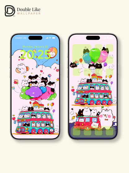 Cute Kawaii Animals Double Decker Party Bus Aesthetic Wallpaper Pack [#HW1502]