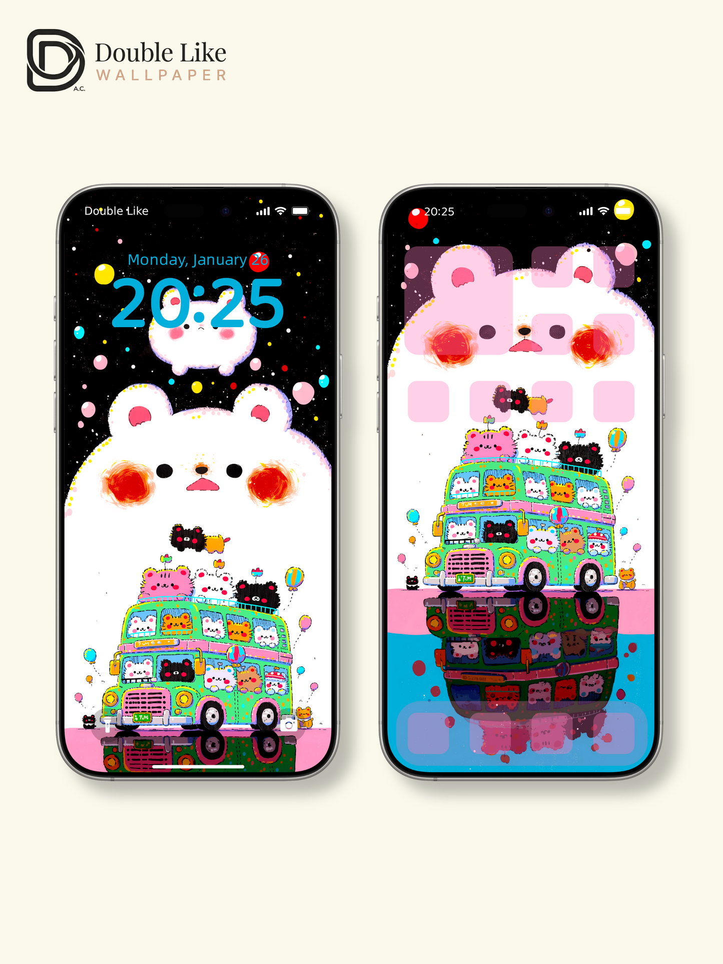 Cute Kawaii Animals Green Tour Bus Giant Bear Aesthetic Wallpaper Pack [#HW1507]