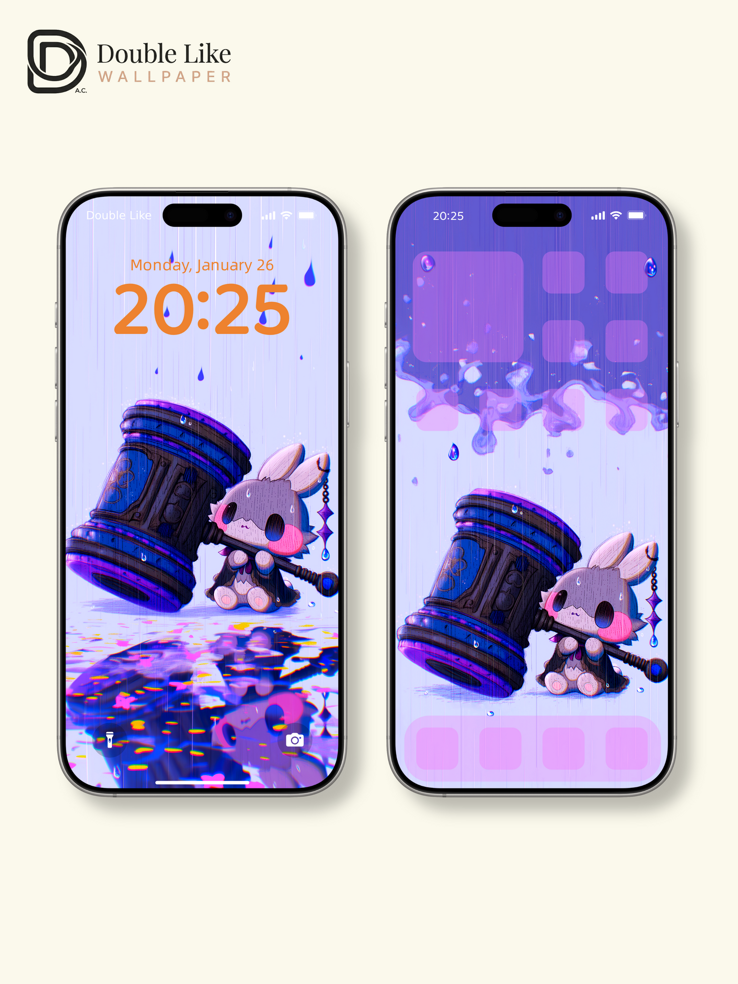 Cute Masked Bunny Giant Mallet Rainy Purple Aesthetic Wallpaper Pack [#HW1511]
