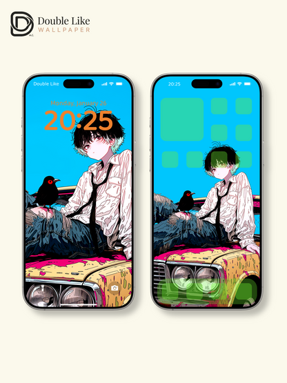 Retro Anime Boy Vintage Car Cyan Sky Urban Grunge Aesthetic Wallpaper Pack [#HW1515]