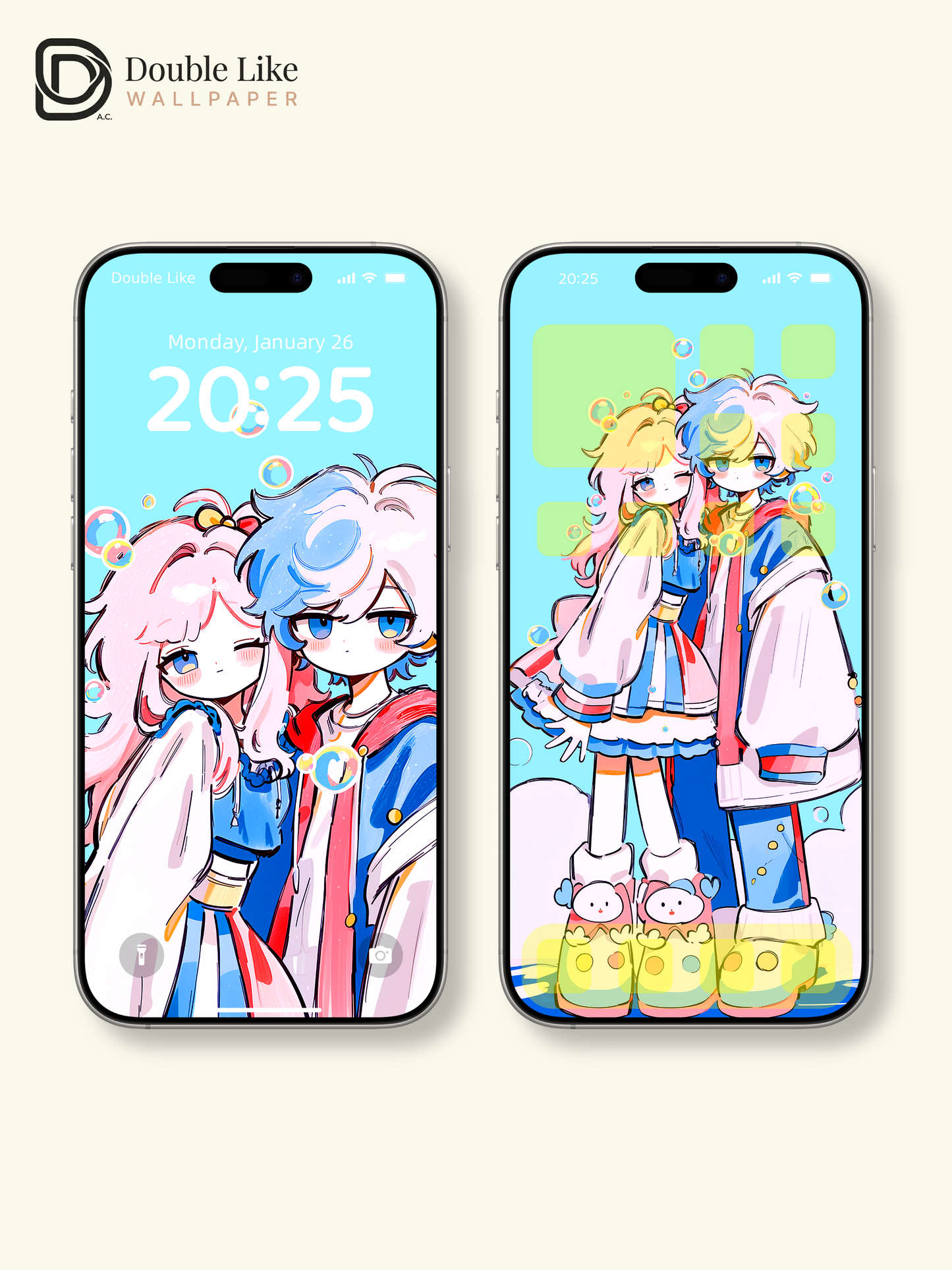 Cute Anime Couple Matching Streetwear Pastel Bubbles Aesthetic Wallpaper Pack [#HW1517]