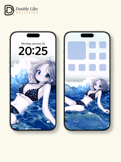 Cute Anime Girl Summer Ocean Beach Kawaii Aesthetic Wallpaper Pack [#HW1470]