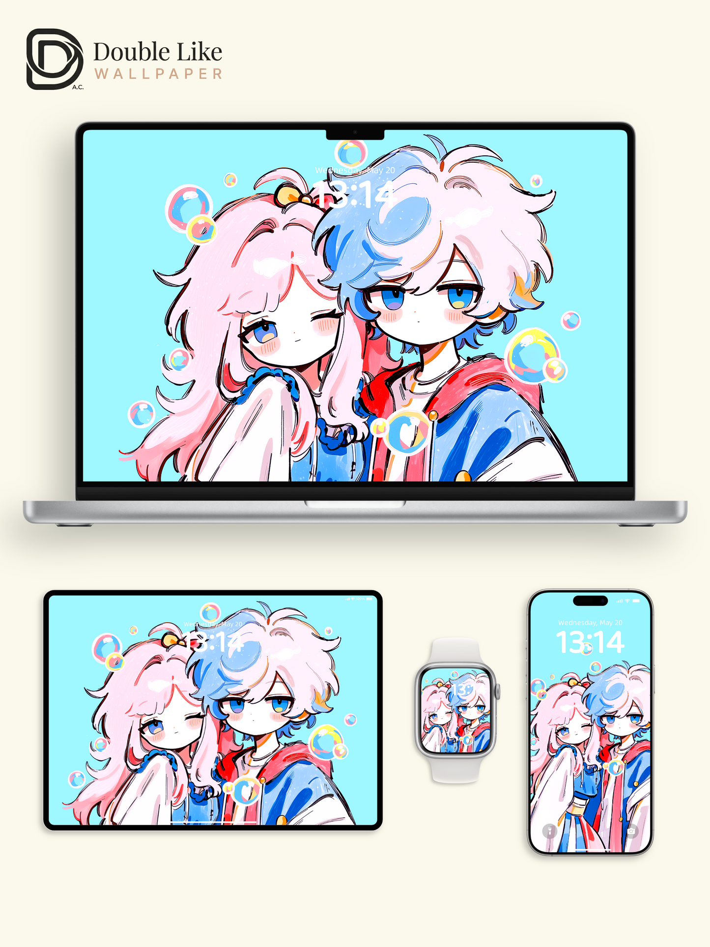 Cute Anime Couple Matching Streetwear Pastel Bubbles Aesthetic Wallpaper Pack [#HW1517]