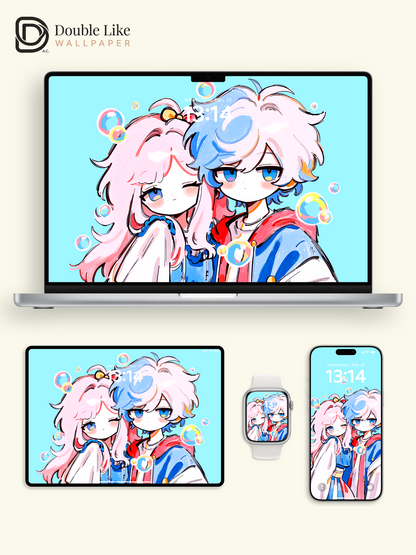 Cute Anime Couple Matching Streetwear Pastel Bubbles Aesthetic Wallpaper Pack [#HW1517]