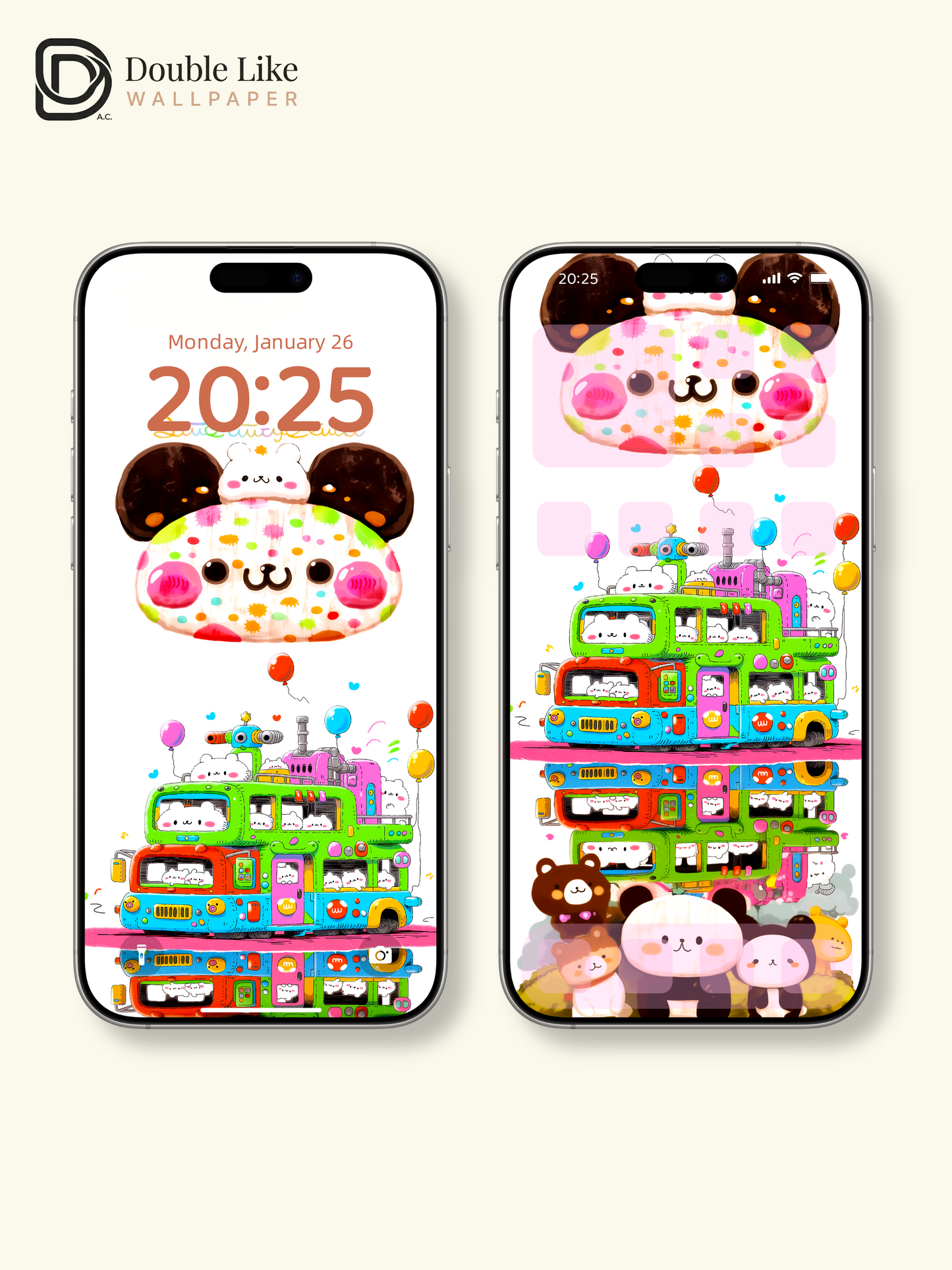 Cute Kawaii Animals Colorful Double Decker Bus Aesthetic Wallpaper Pack [#HW1504]