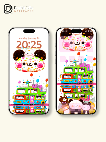 Cute Kawaii Animals Colorful Double Decker Bus Aesthetic Wallpaper Pack [#HW1504]
