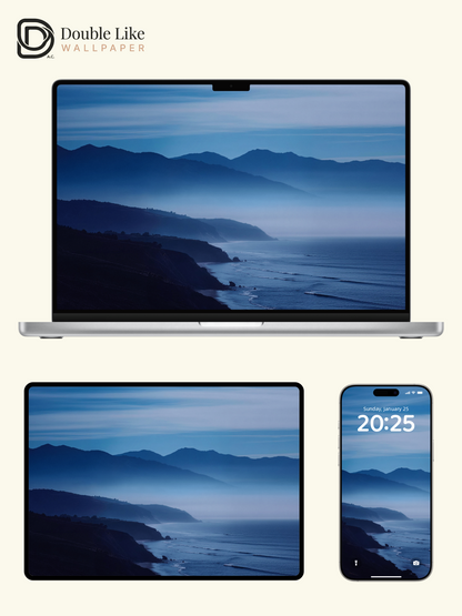Misty Coastal Mountains & Blue Ocean Horizon Nature Aesthetic Wallpaper Pack [#JJ230907]