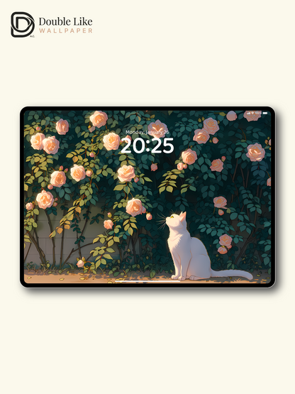 Aesthetic White Cat in Golden Rose Garden Anime Wallpaper Pack [#LFHL1063]
