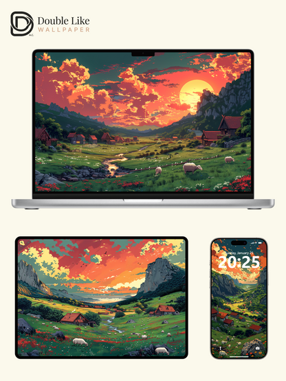 Sunset Mountain Valley Pastoral Landscape Aesthetic Wallpaper Pack [#WGF010]