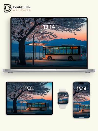 Spring Cherry Blossom Bus Stop Twilight Landscape Wallpaper Pack [#ZJYX0452]