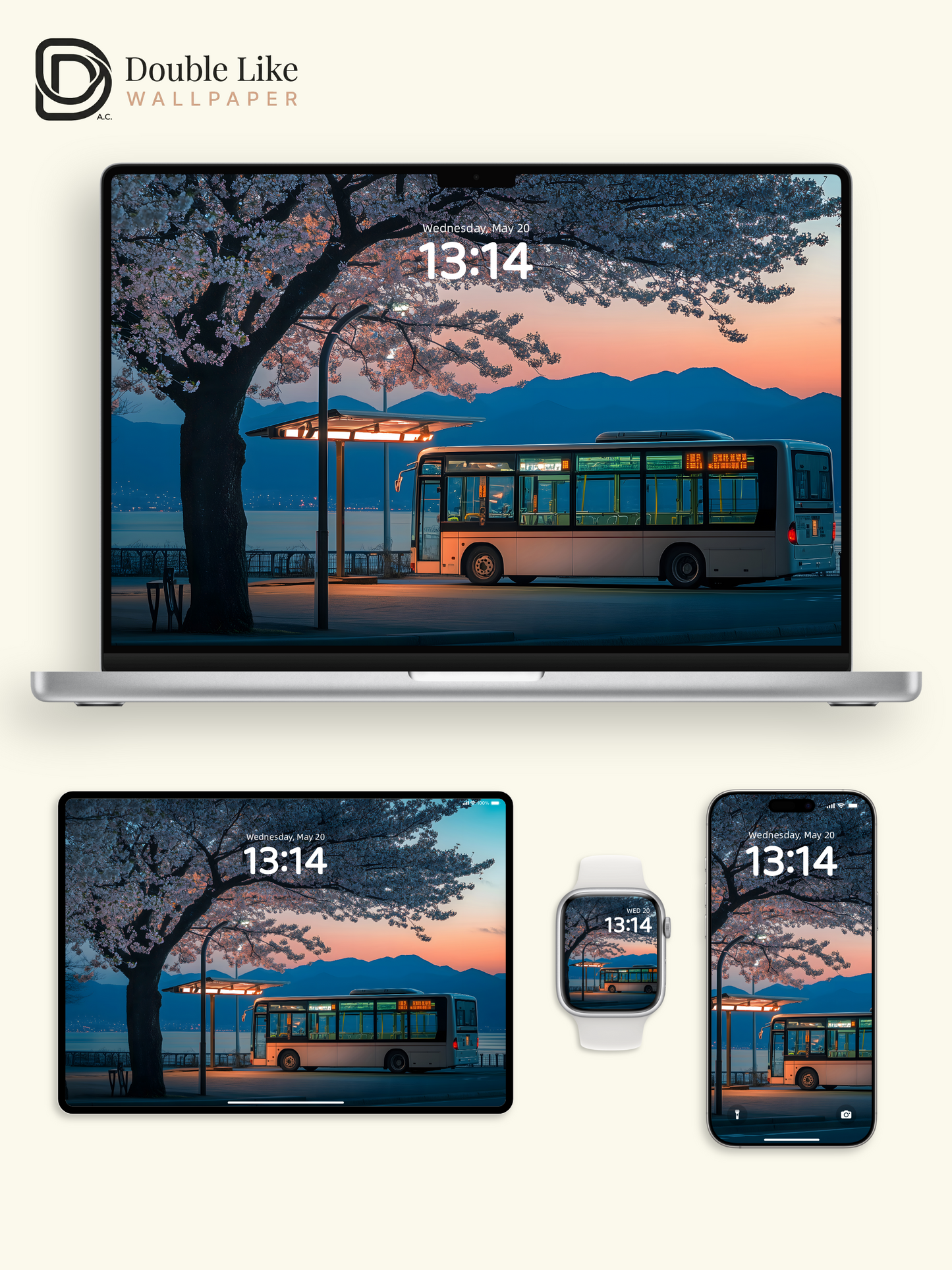 Spring Cherry Blossom Bus Stop Twilight Landscape Wallpaper Pack [#ZJYX0452]
