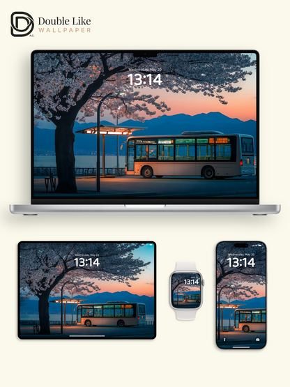 Spring Cherry Blossom Bus Stop Twilight Landscape Wallpaper Pack [#ZJYX0452]