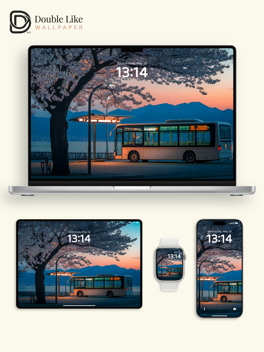 Spring Cherry Blossom Bus Stop Twilight Landscape Wallpaper Pack [#ZJYX0452]