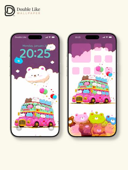 Cute Kawaii Bears Pink Party Bus Joyful Aesthetic Wallpaper Pack [#HW1503]