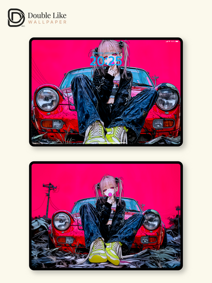 Retro Anime Girl Sports Car Cyberpunk Magenta Aesthetic Wallpaper Pack [#HW1513]