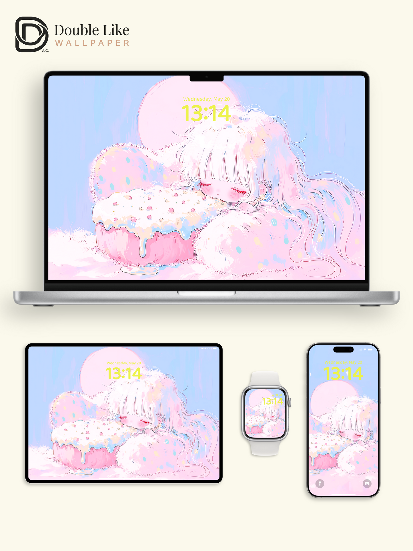 Cute Sleeping Anime Girl Pastel Donut Cloud Kawaii Aesthetic Wallpaper Pack [#HW1498]