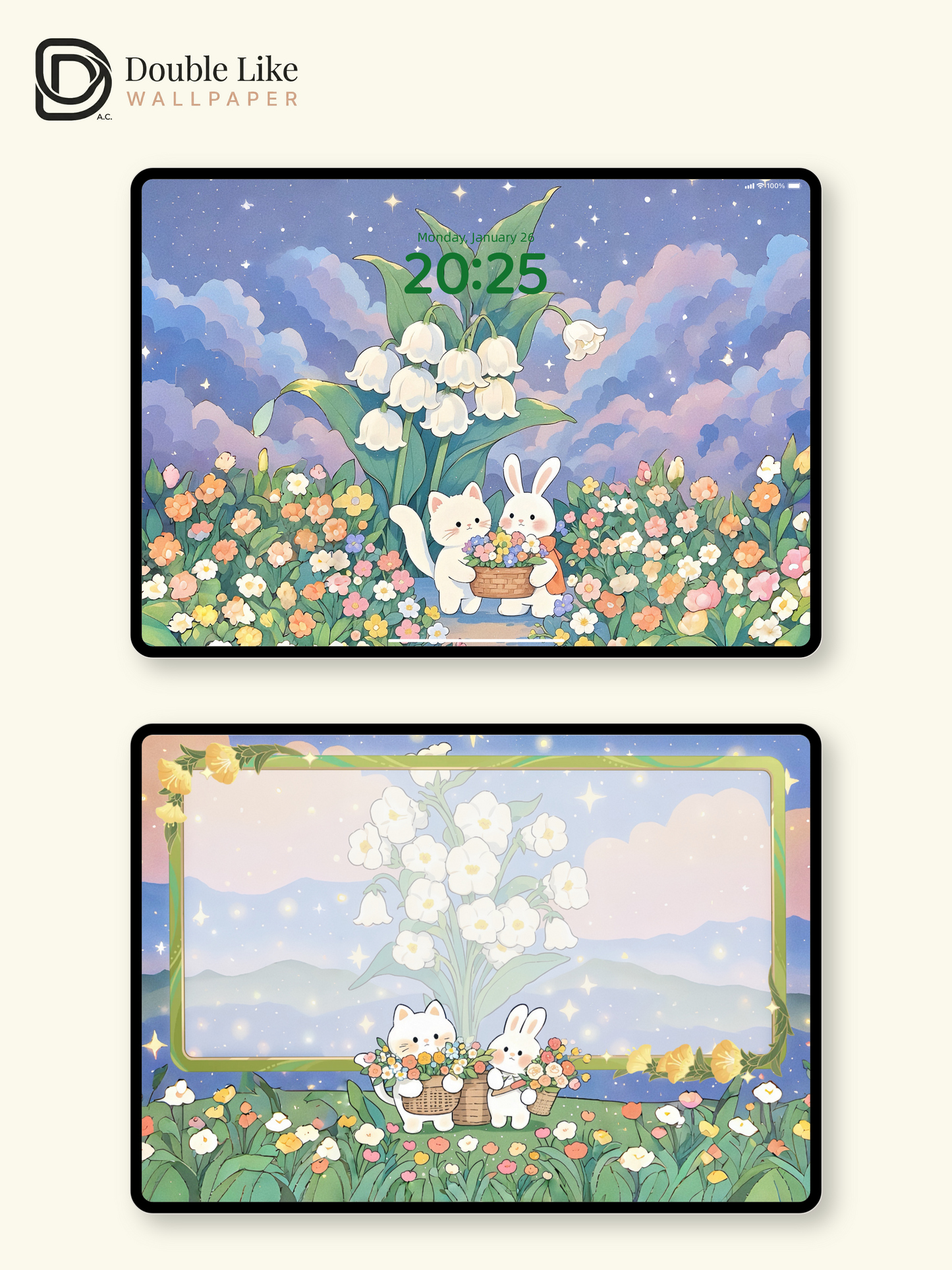 Cute Cat and Bunny Pastel Starry Garden Illustration Wallpaper Pack [#JJ05]
