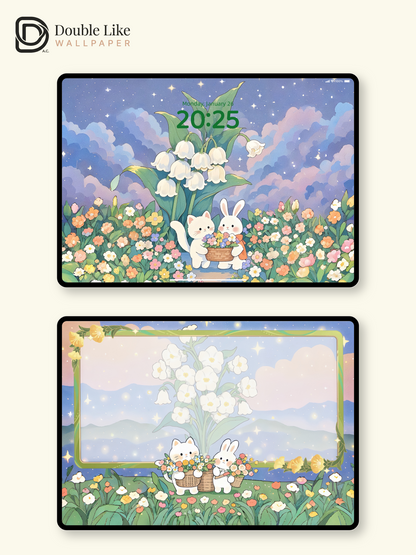 Cute Cat and Bunny Pastel Starry Garden Illustration Wallpaper Pack [#JJ05]