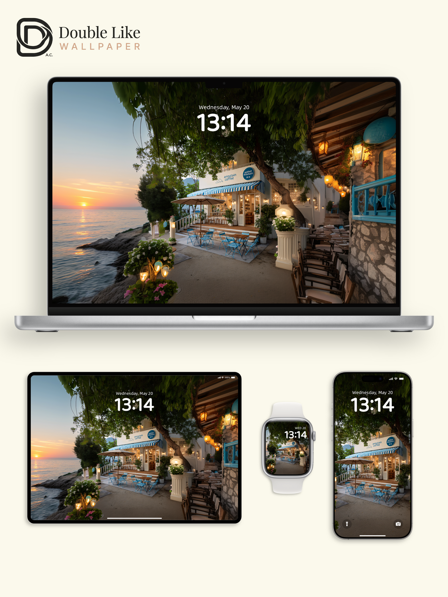 Mediterranean Seaside Cafe Sunset Glow Aesthetic Wallpaper Pack [#JJ1393]
