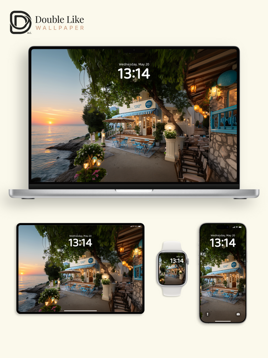 Mediterranean Seaside Cafe Sunset Glow Aesthetic Wallpaper Pack [#JJ1393]