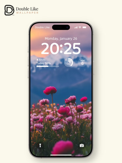 Healing Pink Flower Field Sunset Mountain Lock Screen Wallpaper Pack [#ZJYX0469]