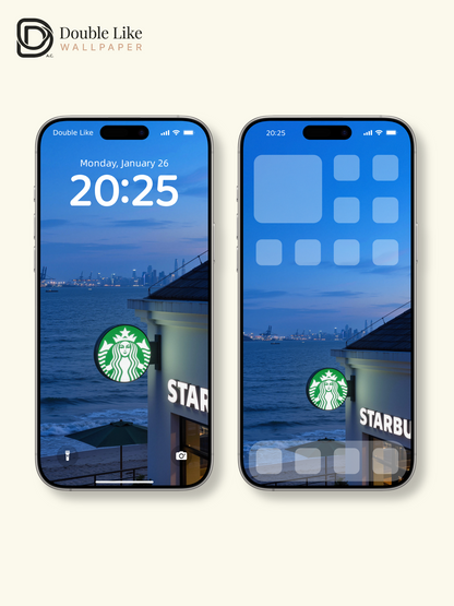 Seaside Starbucks Coffee & Evening Blue Ocean View Aesthetic Wallpaper Pack [#JJ230904]