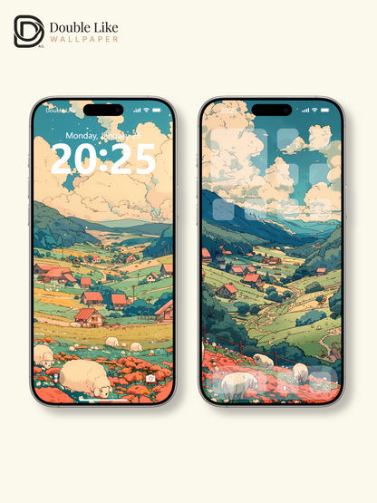 Retro Mountain Valley Village Pastoral Illustration Aesthetic Wallpaper Pack [#WGF009]