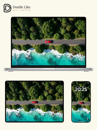 Aerial Coastal Road Red Car Travel Landscape Aesthetic Wallpaper Pack [#LFHL30617]