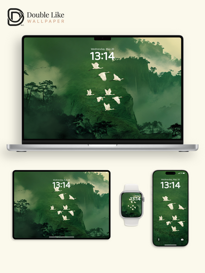Mystic Green Mountain Flying Herons Aesthetic Wallpaper Pack [#JJ1216]
