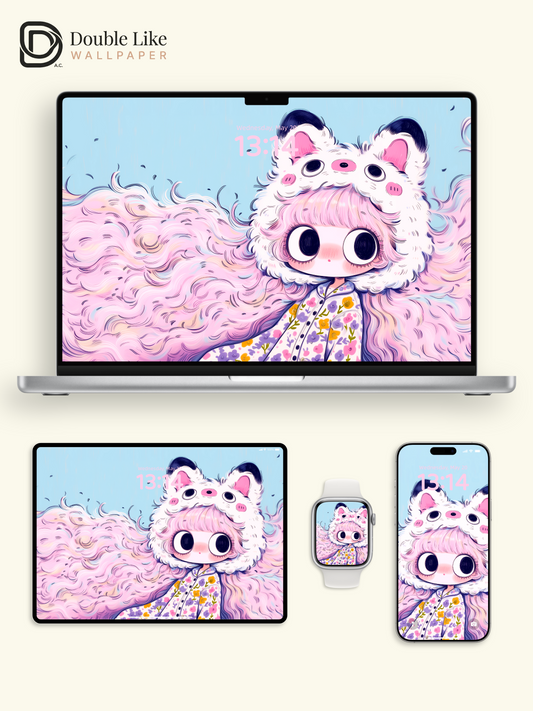 Kawaii Anime Girl Fluffy Animal Hat Sakura Floral Wallpaper [#HW1480]