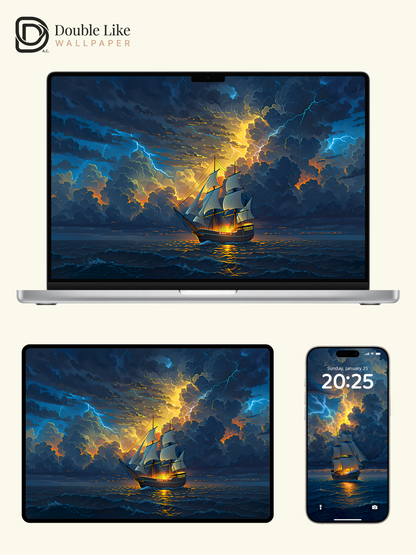 Storm Sailboat Brave Waves Aesthetic Illustration Wallpaper, [#LFHL1006]