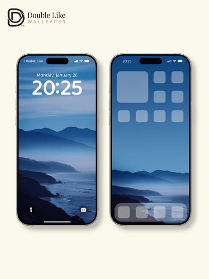 Misty Coastal Mountains & Blue Ocean Horizon Nature Aesthetic Wallpaper Pack [#JJ230907]