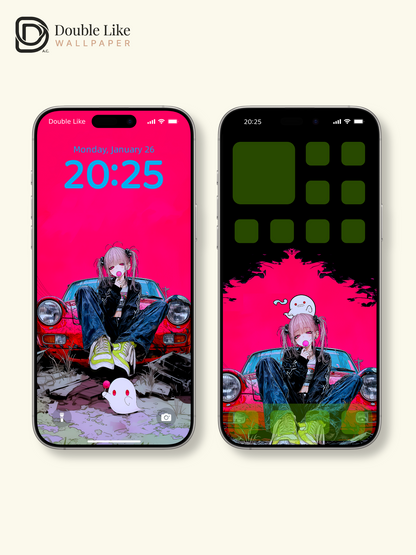 Retro Anime Girl Sports Car Cyberpunk Magenta Aesthetic Wallpaper Pack [#HW1513]