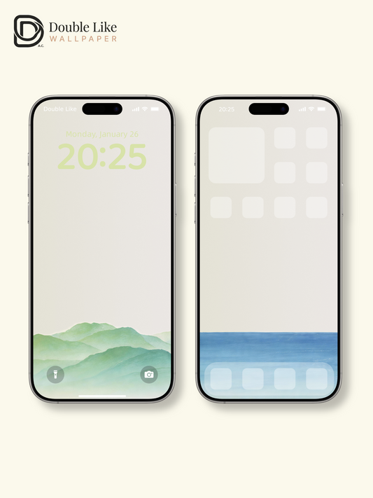 Watercolor Green Layered Mountains & Blue Sea Minimal Calming Fresh Aesthetic Landscape Wallpaper Pack [#LFHL30413]