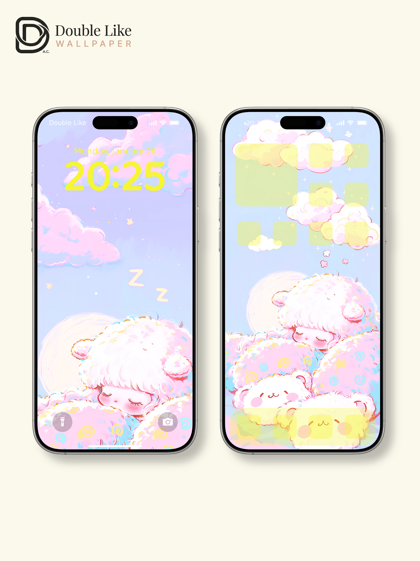 Cute Sleeping Lamb Anime Girl Cozy Pastel Cloud Kawaii Aesthetic Wallpaper [#HW1499]
