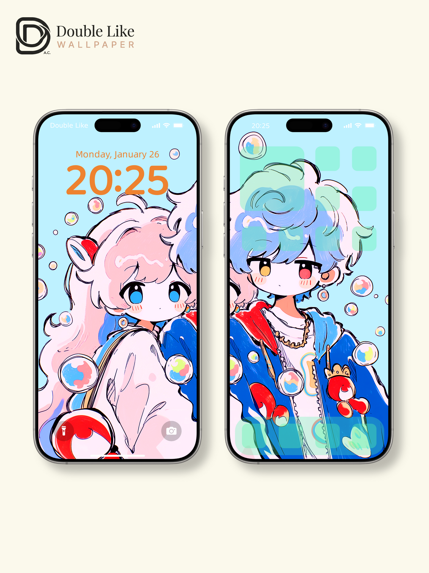 Cute Anime Couple Pastel Bubbles Romantic Kawaii Aesthetic Wallpaper Pack [#HW1516]