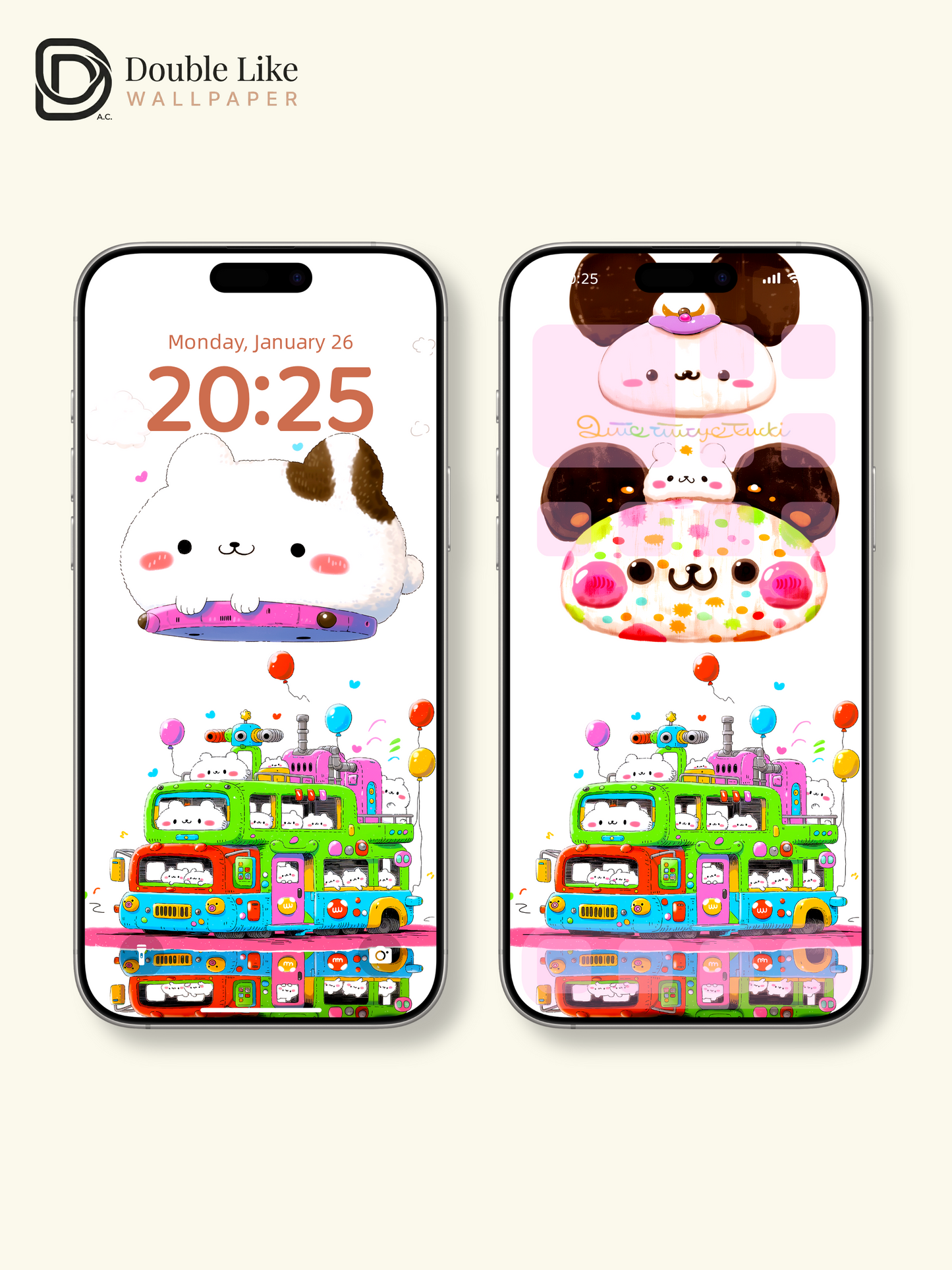 Cute Kawaii Animals Colorful Double Decker Bus Aesthetic Wallpaper Pack [#HW1504]