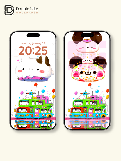 Cute Kawaii Animals Colorful Double Decker Bus Aesthetic Wallpaper Pack [#HW1504]