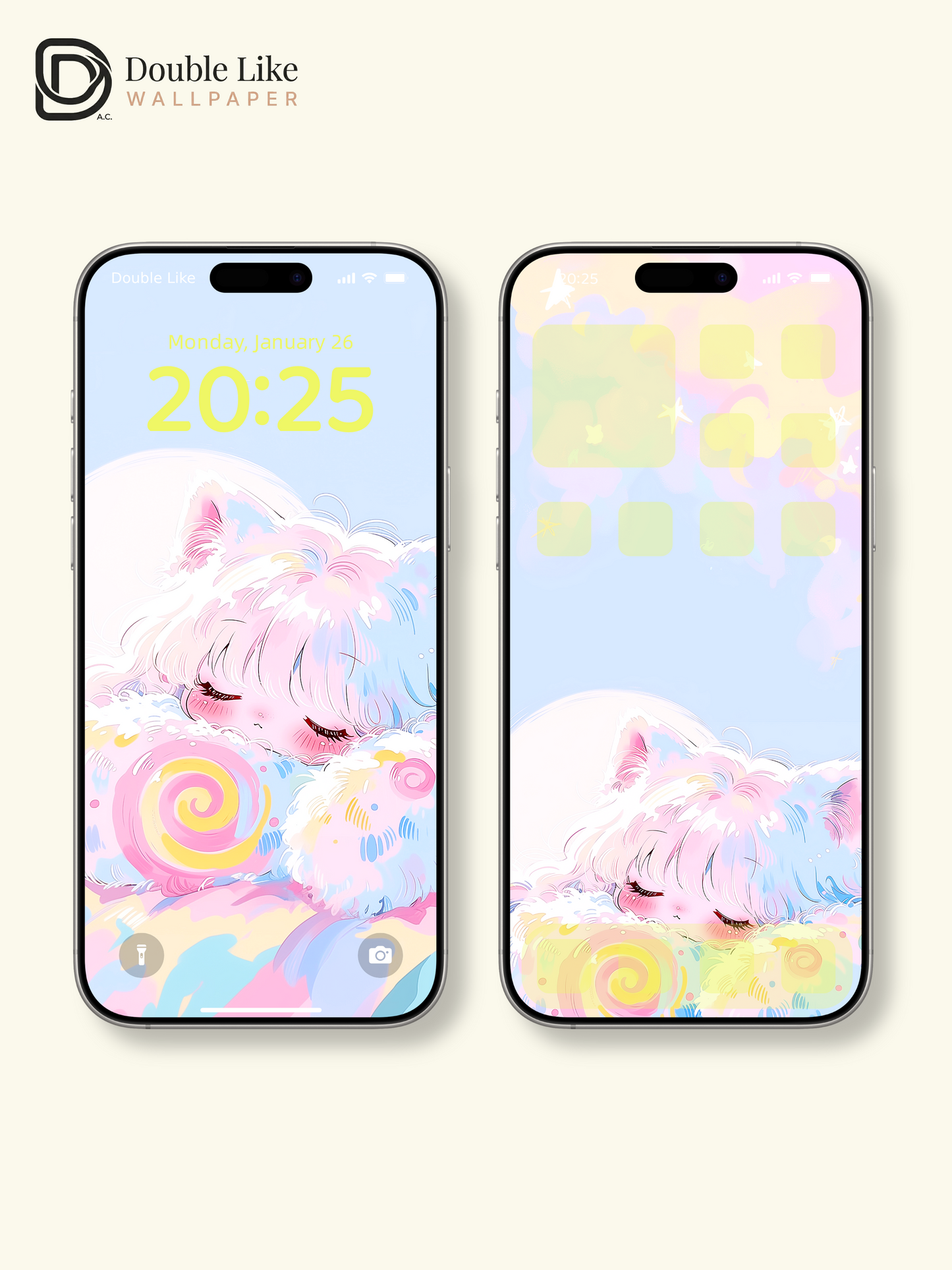 Cute Sleeping Pastel Cat Girl Candy Cloud Kawaii Aesthetic Wallpaper Pack [#HW1500]