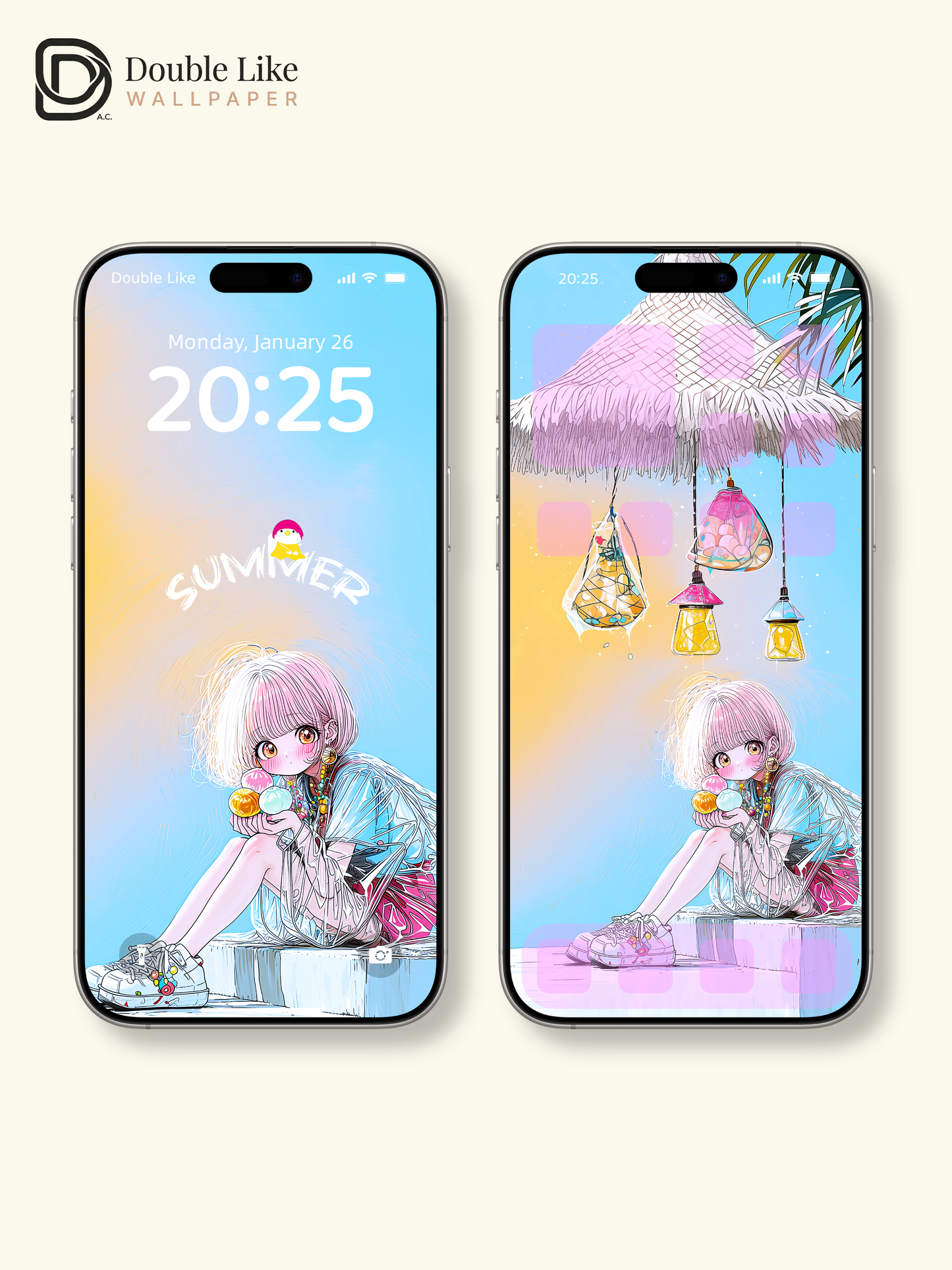 Kawaii Anime Summer Girl Beach Dessert Aesthetic Wallpaper [#HW1483]