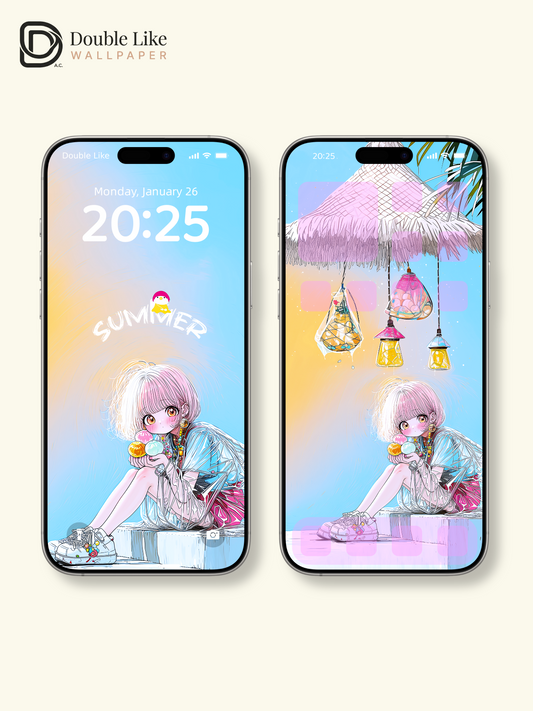 Kawaii Anime Summer Girl Beach Dessert Aesthetic Wallpaper [#HW1483]